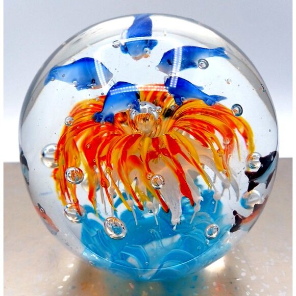 Murano Glass Tropical Fish Aquarium Art Paperweight 4.5" X 4.15" Handcrafted Wit - Picture 9 of 15